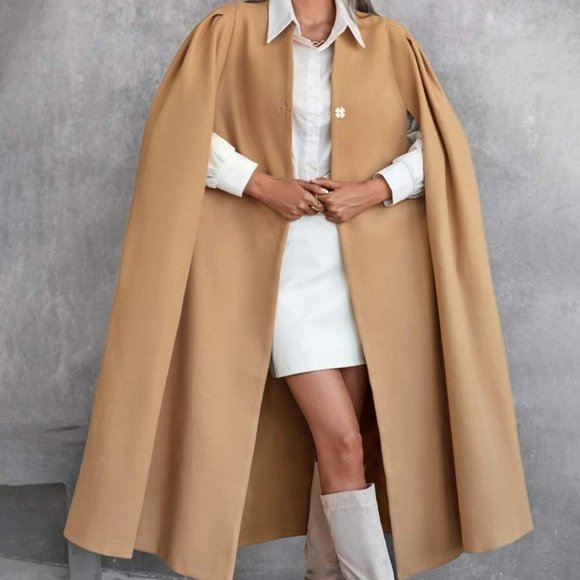 Contemporary Chic Tan Belted Long Cape Overcoat Jacket - Picture 2 of 7
